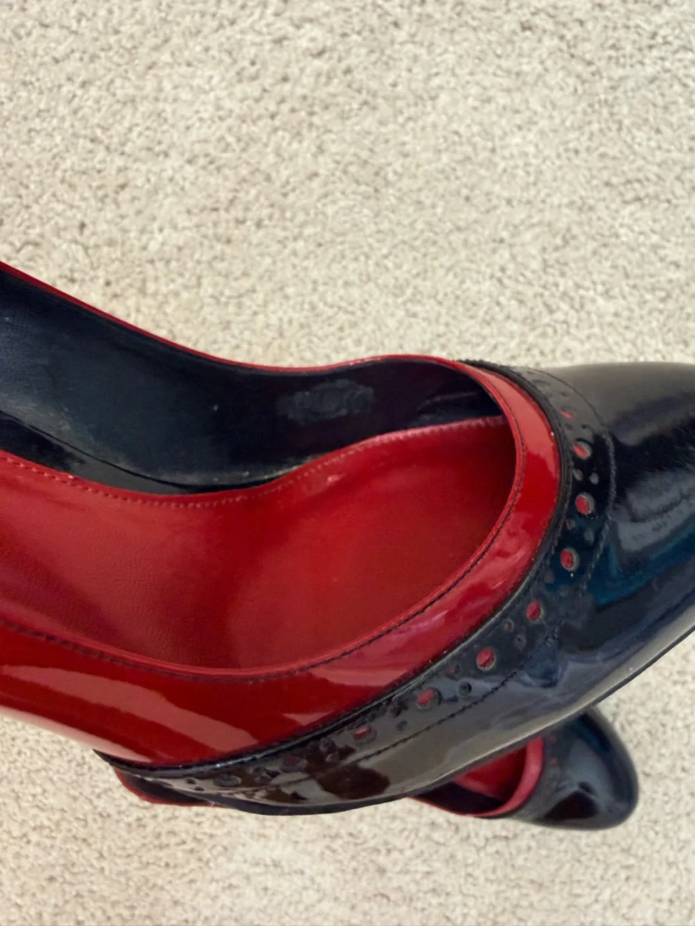 Ann Taylor Women's Two-Tone Black and Red Leather Block Heel Pumps - Picture 5 of 8